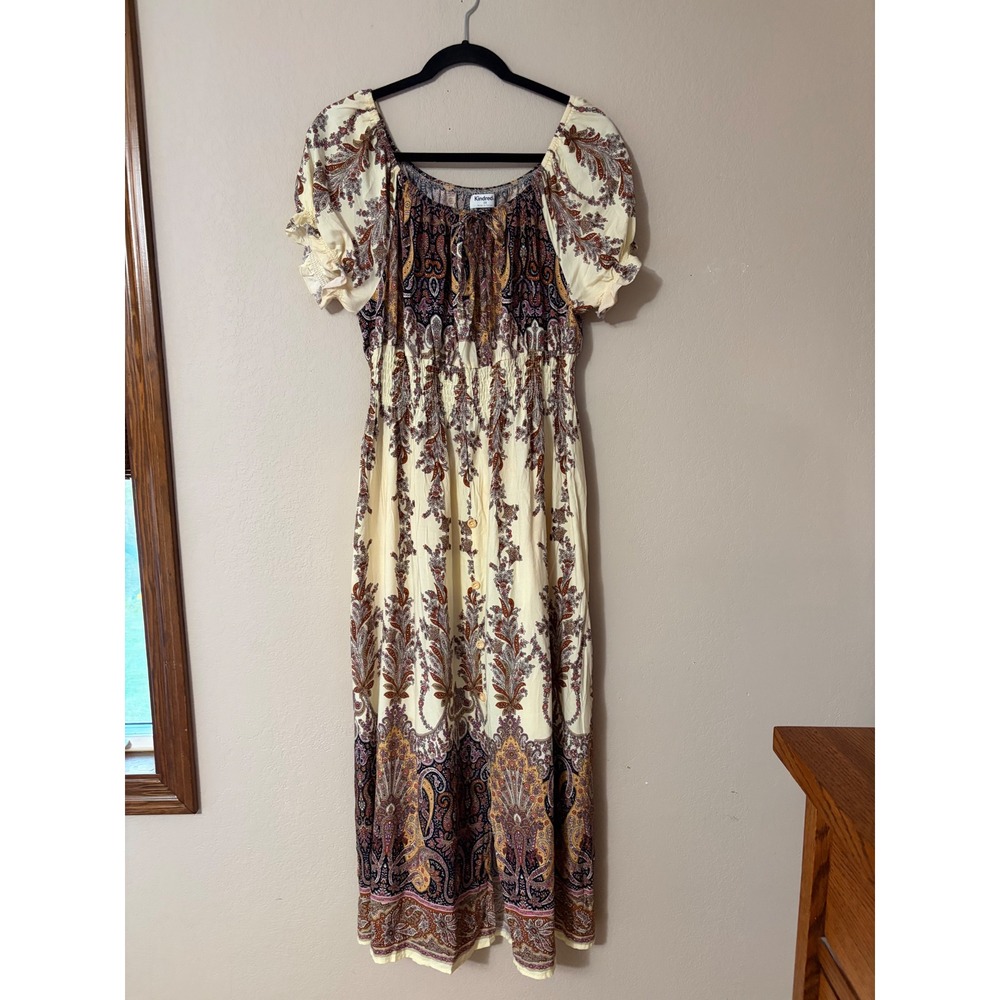 Kindred Boho Paisley Maxi Dress 2X Rayon Smocked Waist Puff Sleeve Festival Gown